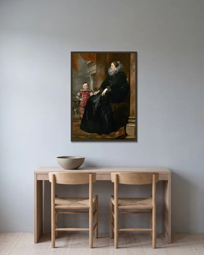 En genuesisk adelsdam och hennes son av Anthony van Dyck inramad på en vägg