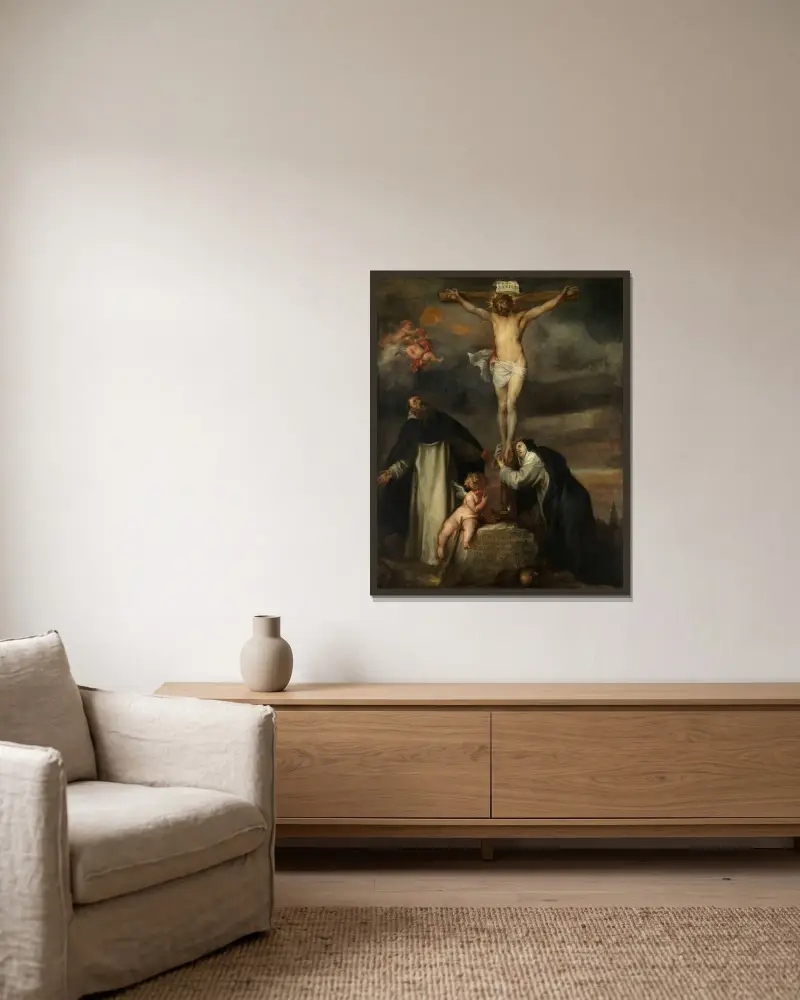 Christ on the Cross with Saint Catherine of Siena, Saint Dominic and an Angel av Anthony van Dyck inramad på en vägg