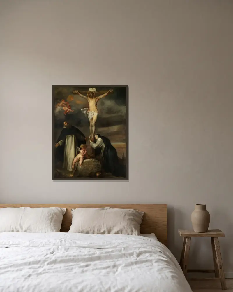 Christ on the Cross with Saint Catherine of Siena, Saint Dominic and an Angel av Anthony van Dyck inramad på en vägg