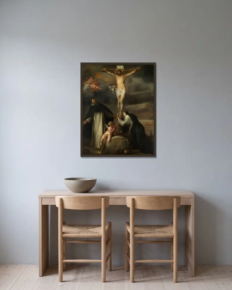 Christ on the Cross with Saint Catherine of Siena, Saint Dominic and an Angel av Anthony van Dyck inramad på en vägg