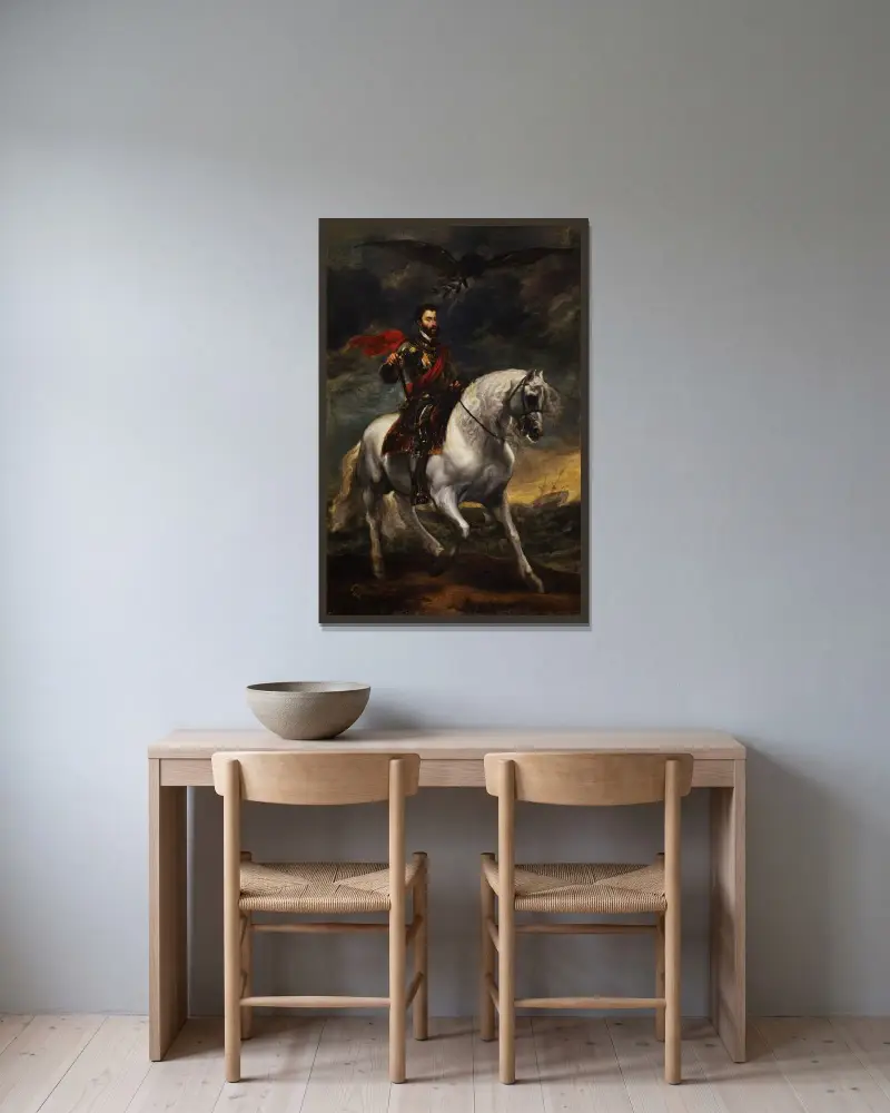 Equestrian portrait of the Emperor Charles V av Anthony van Dyck inramad på en vägg