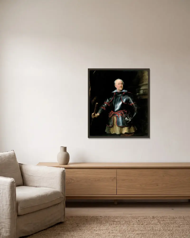 Portrait of a A Man in Armor av Anthony van Dyck inramad på en vägg