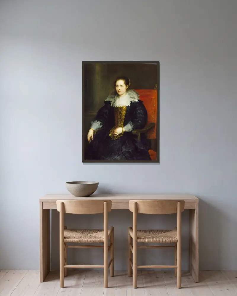 Porträtt av Isabella Waerbeke av Anthony van Dyck inramad på en vägg