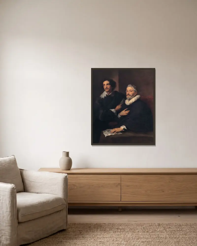 Portrait Of The Engravers Pieter De Jode The Elder And Pieter De Jode The Younger av Anthony van Dyck inramad på en vägg