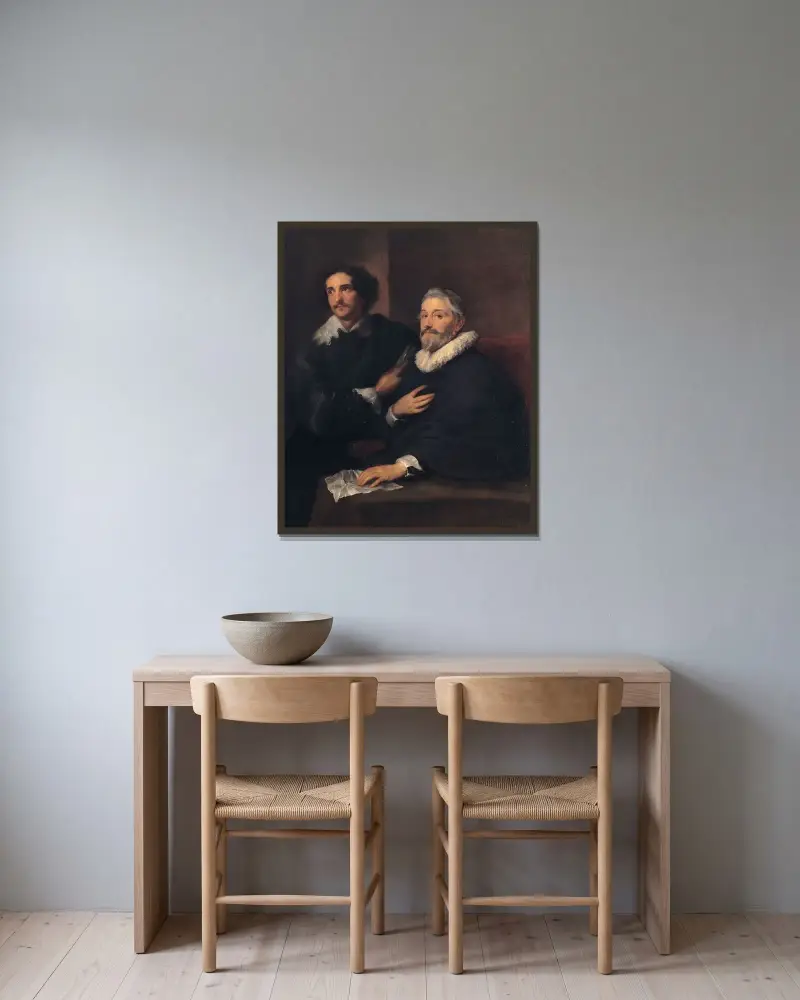 Portrait Of The Engravers Pieter De Jode The Elder And Pieter De Jode The Younger av Anthony van Dyck inramad på en vägg