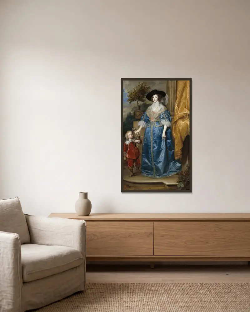Queen Henrietta Maria with Sir Jeffrey Hudson av Anthony van Dyck inramad på en vägg