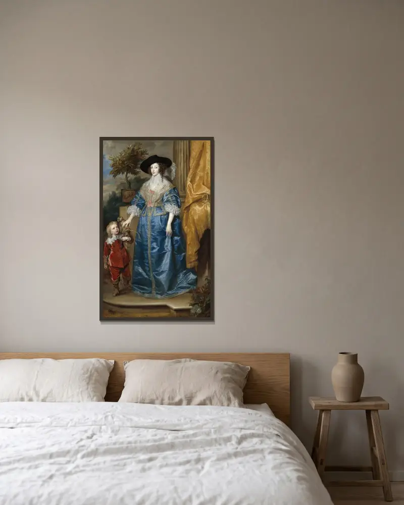 Queen Henrietta Maria with Sir Jeffrey Hudson av Anthony van Dyck inramad på en vägg