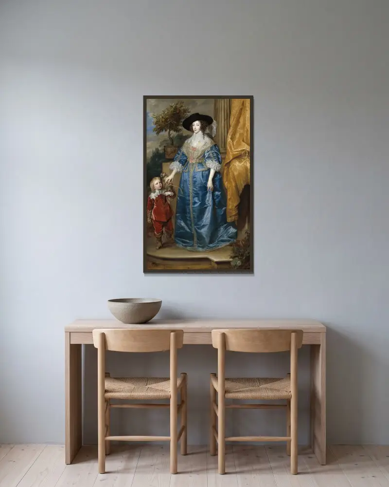Queen Henrietta Maria with Sir Jeffrey Hudson av Anthony van Dyck inramad på en vägg