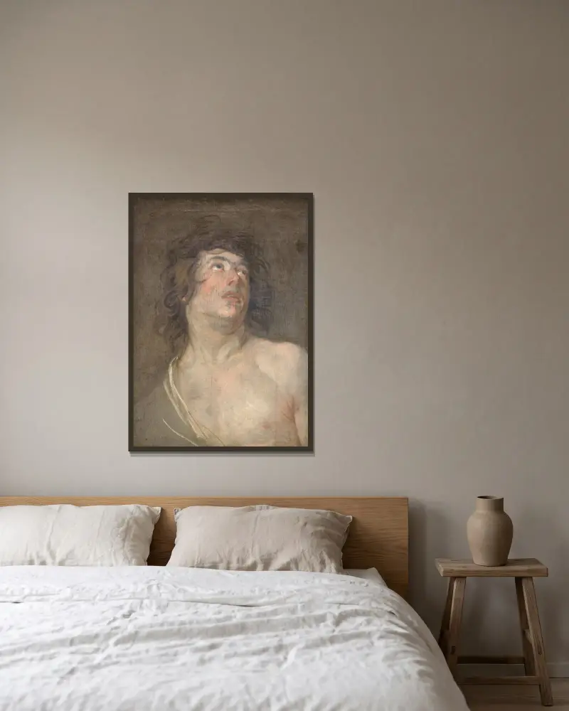 Study Head of a Young Man Looking Upwards. St Sebastian av Anthony van Dyck inramad på en vägg