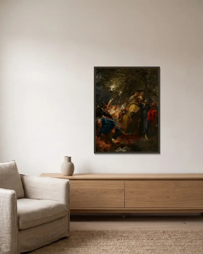 The Betrayal of Christ av Anthony van Dyck inramad på en vägg