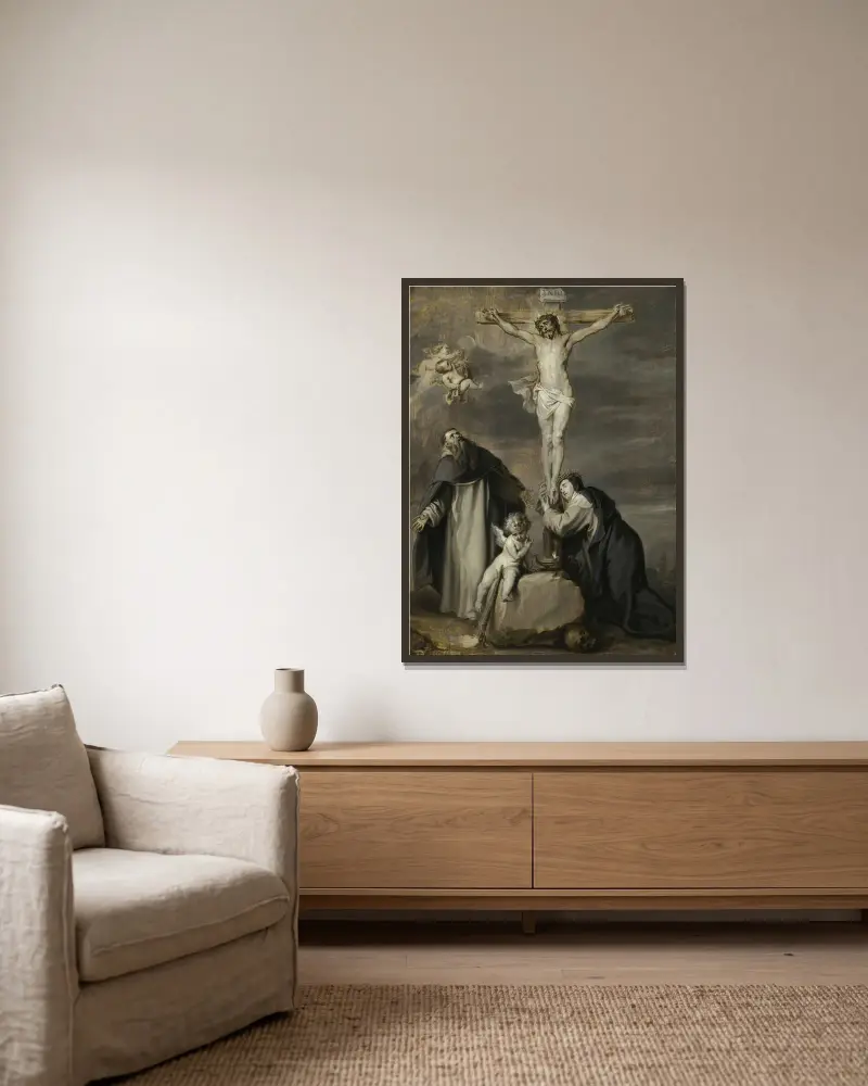 The Crucified Christ Adored By Saints Dominic And Catherine Of Siena av Anthony van Dyck inramad på en vägg