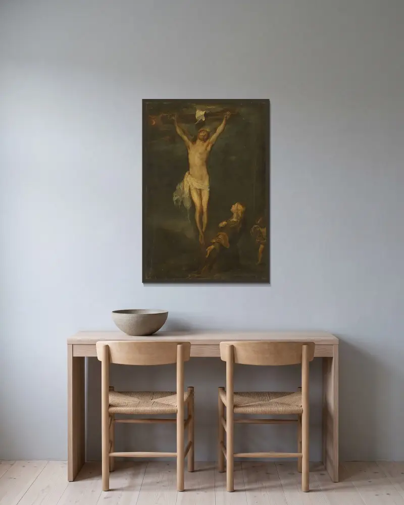 The Crucifixion with Saint Rosalia av Anthony van Dyck inramad på en vägg