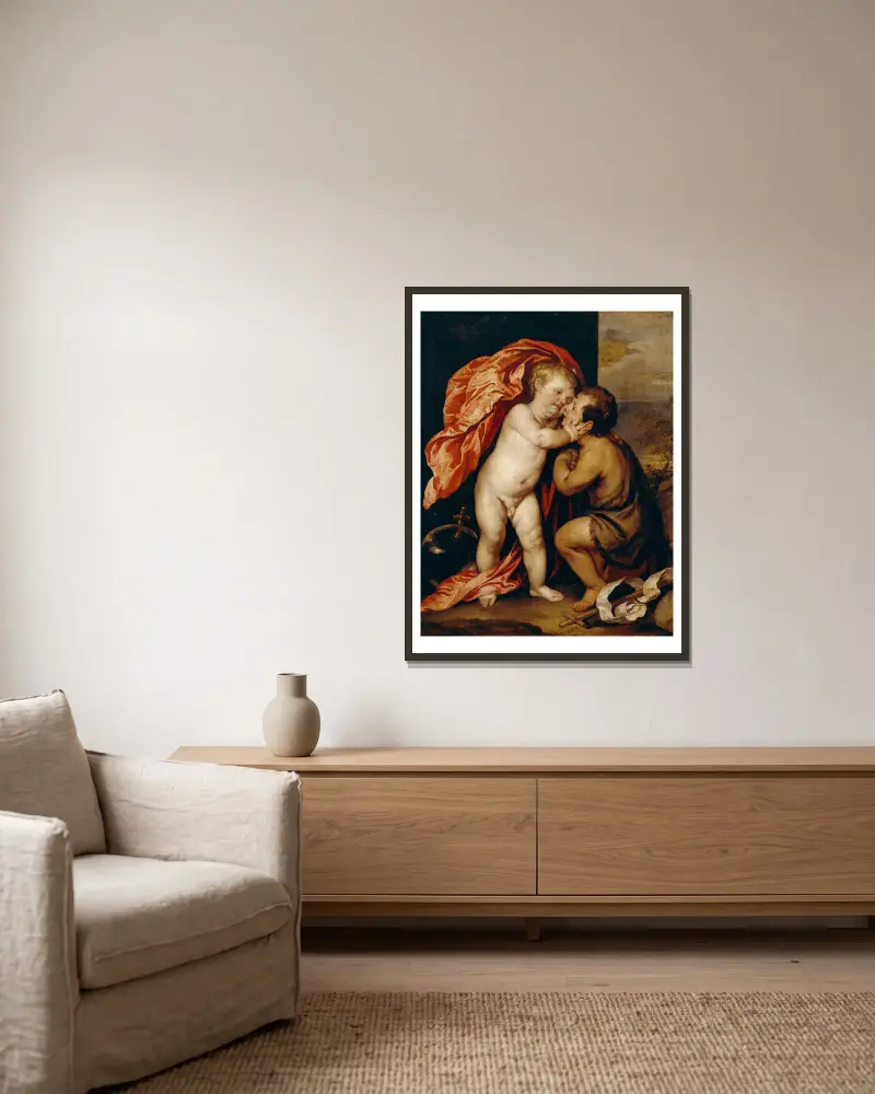 The Infants Christ And Saint John The Baptist av Anthony van Dyck inramad på en vägg
