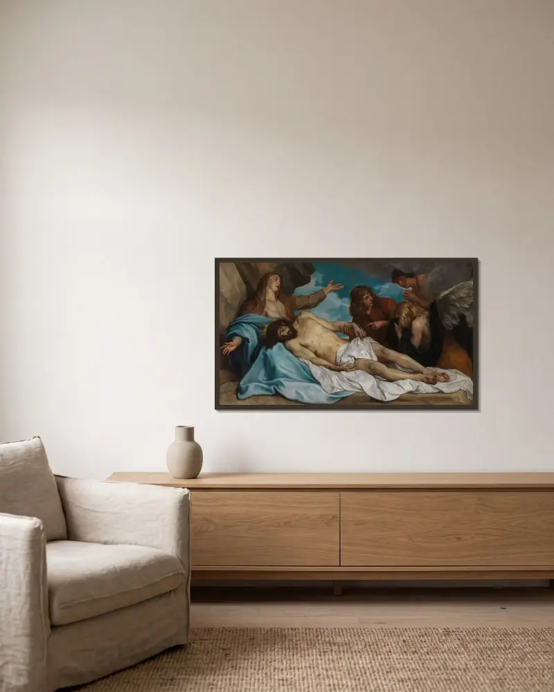 The Lamentation over the Dead Christ av Anthony van Dyck inramad på en vägg