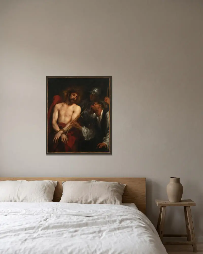 The Mocking of Christ av Anthony van Dyck inramad på en vägg