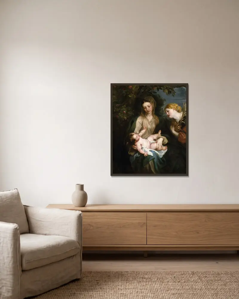 Virgin and Child with Saint Catherine of Alexandria av Anthony van Dyck inramad på en vägg