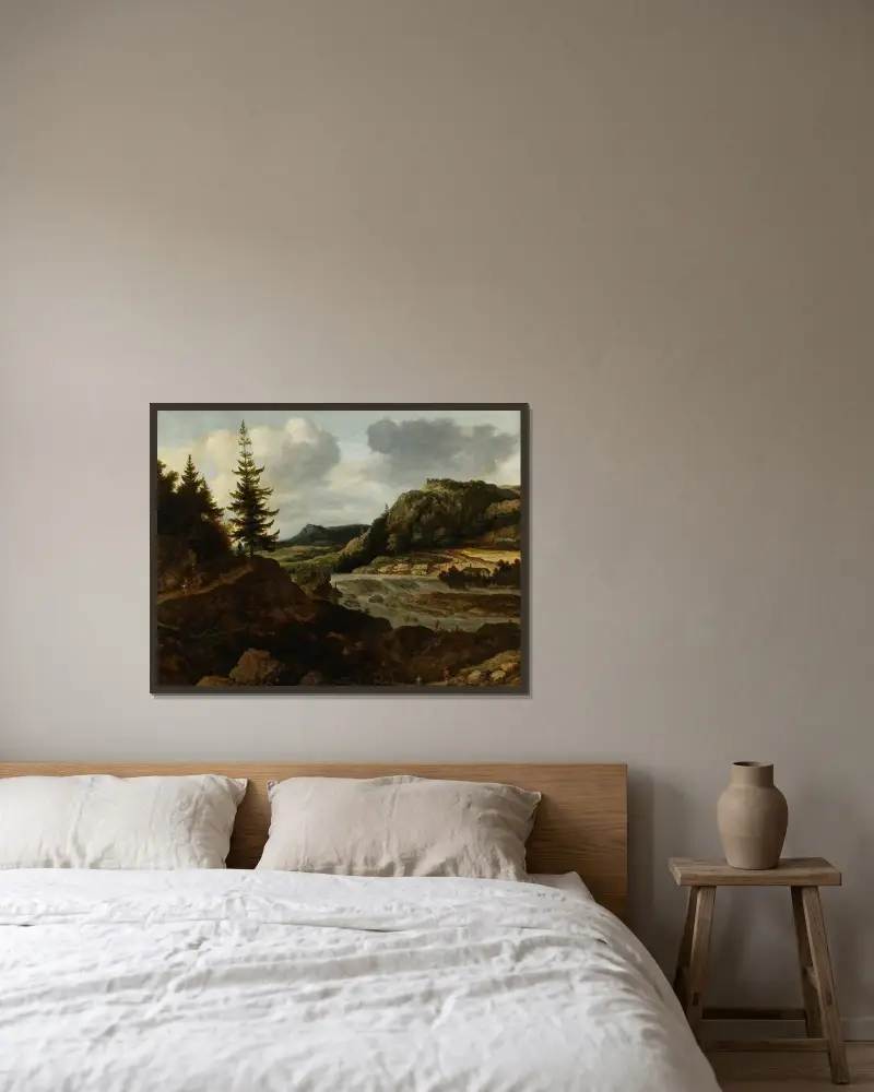 A Mountainous River Landscape with Travellers av Allaert van Everdingen inramad på en vägg