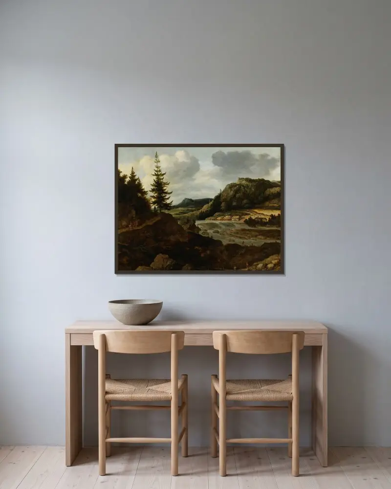 A Mountainous River Landscape with Travellers av Allaert van Everdingen inramad på en vägg