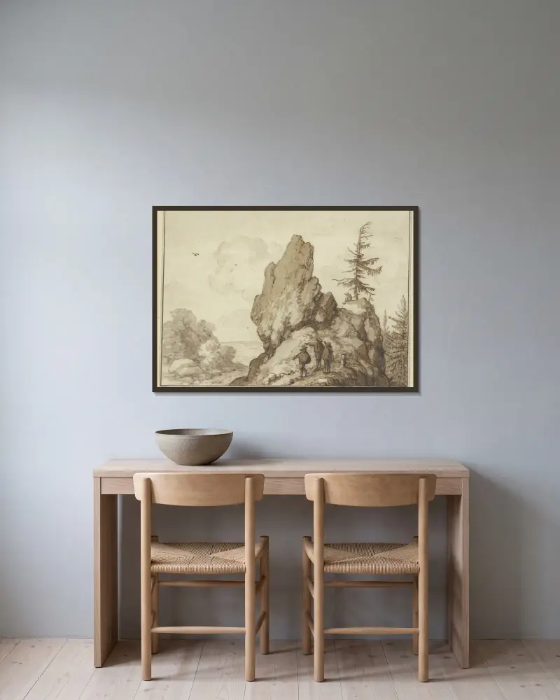 Enskild klippa med en gran, där tre män, en fjärde sitter under granen av Allaert van Everdingen inramad på en vägg