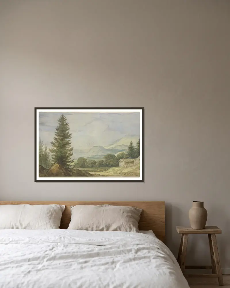 Gebirgslandschaft, links hohe Tannen, rechts zwei Hütten av Allaert van Everdingen inramad på en vägg