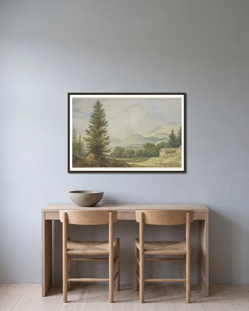 Gebirgslandschaft, links hohe Tannen, rechts zwei Hütten av Allaert van Everdingen inramad på en vägg