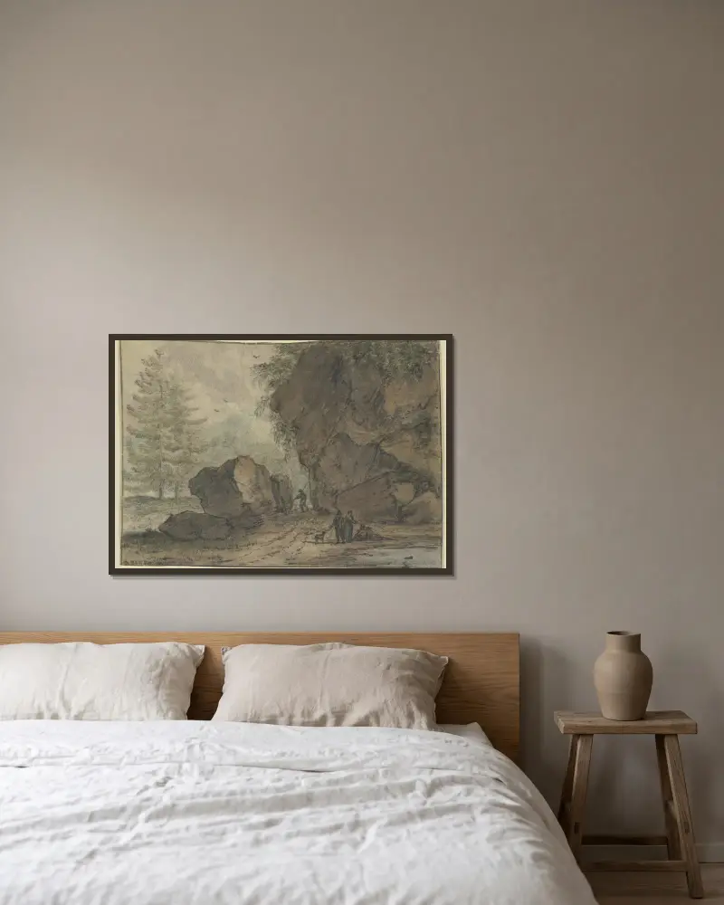 Wielka partia skalna przy kałuży, przy której stoi i siedzi kilka postaci, Allaert van Everdingen w ramie na ścianie