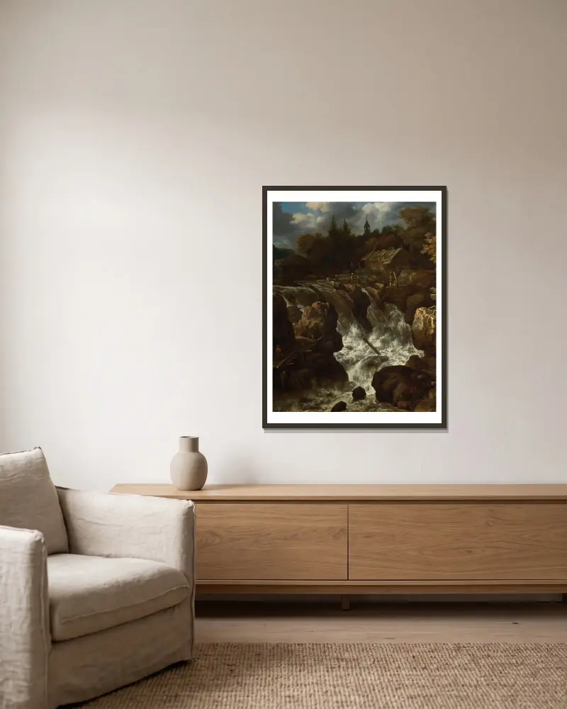 Landschaft mit einem Wasserfall von Allaert van Everdingen gerahmt an einer Wand