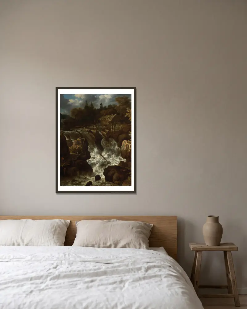 Landschaft mit einem Wasserfall von Allaert van Everdingen gerahmt an einer Wand