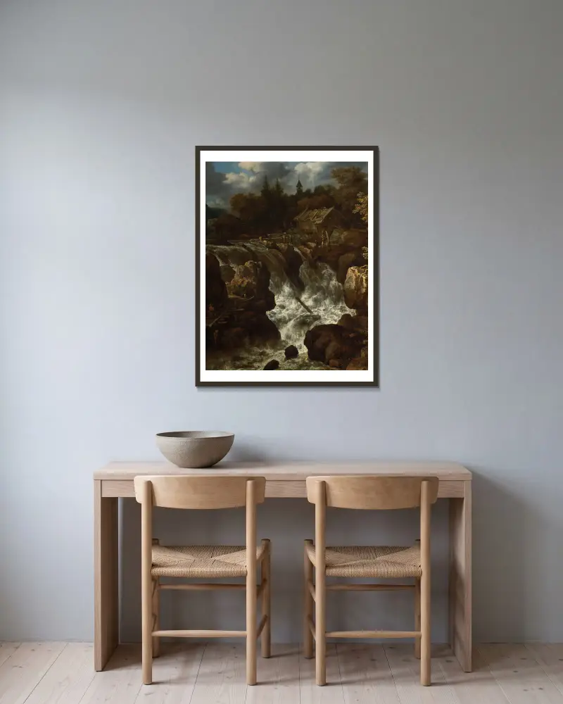 Landschaft mit einem Wasserfall von Allaert van Everdingen gerahmt an einer Wand