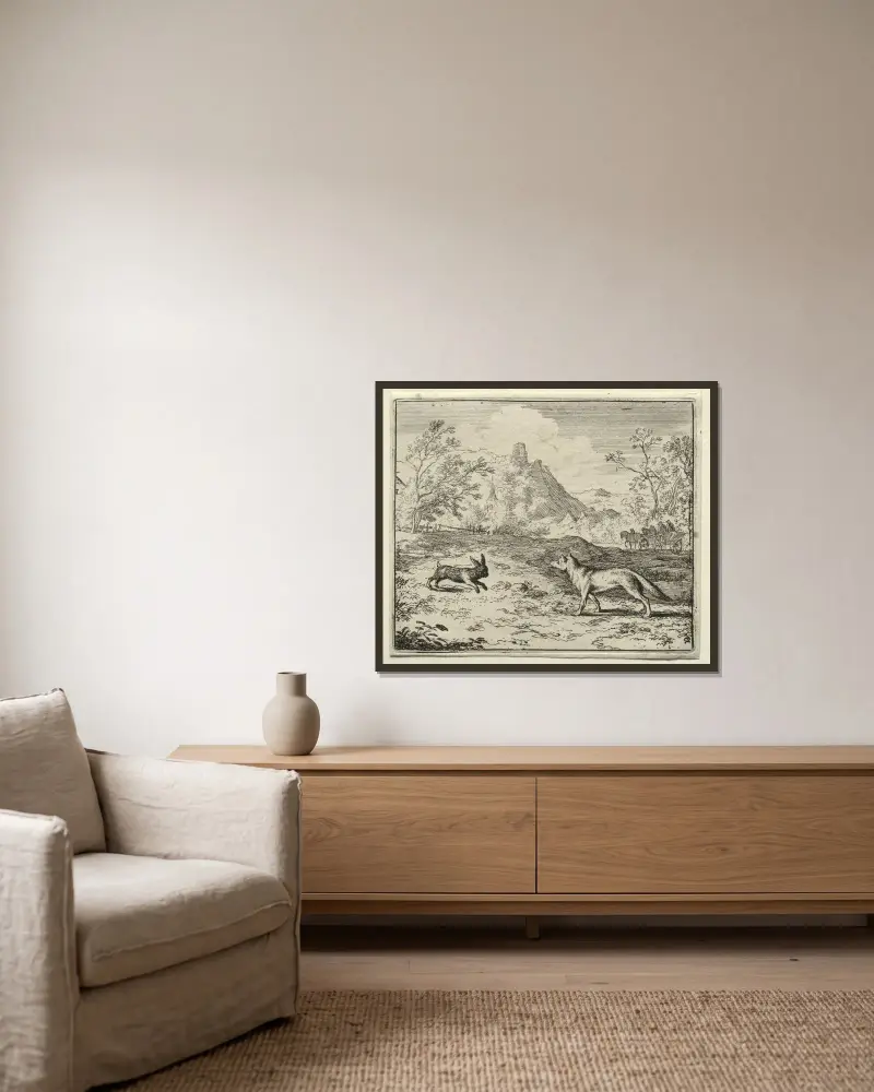 Reineke und der Hase von Allaert van Everdingen gerahmt an einer Wand