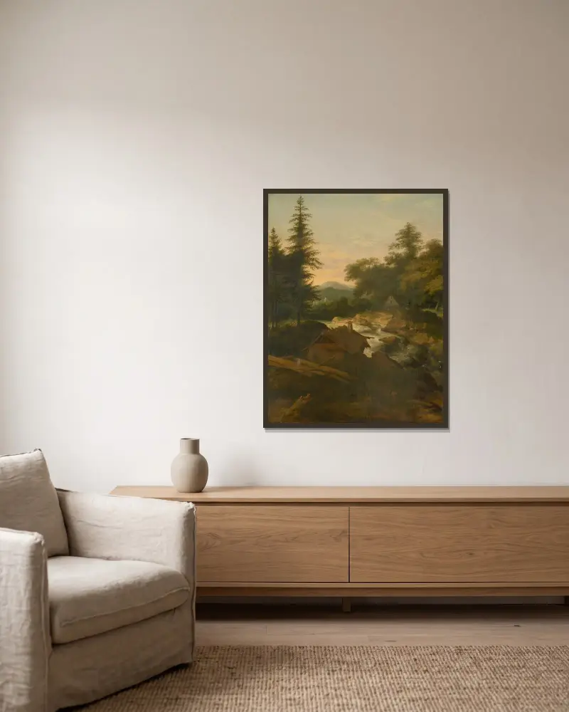 River Landscape With Cottage av Allaert van Everdingen inramad på en vägg