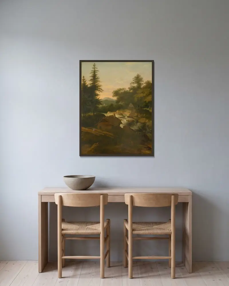 River Landscape With Cottage av Allaert van Everdingen inramad på en vägg