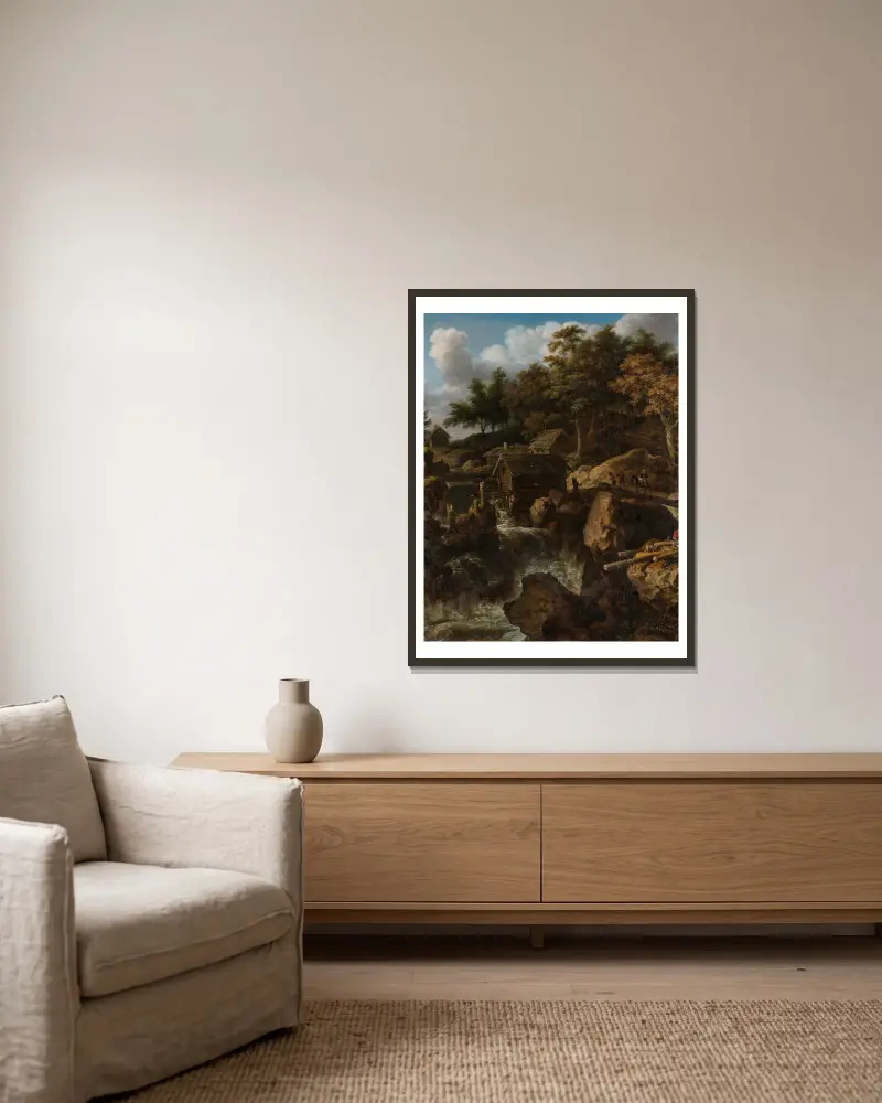 Schwedische Landschaft mit Wasserfall von Allaert van Everdingen gerahmt an einer Wand