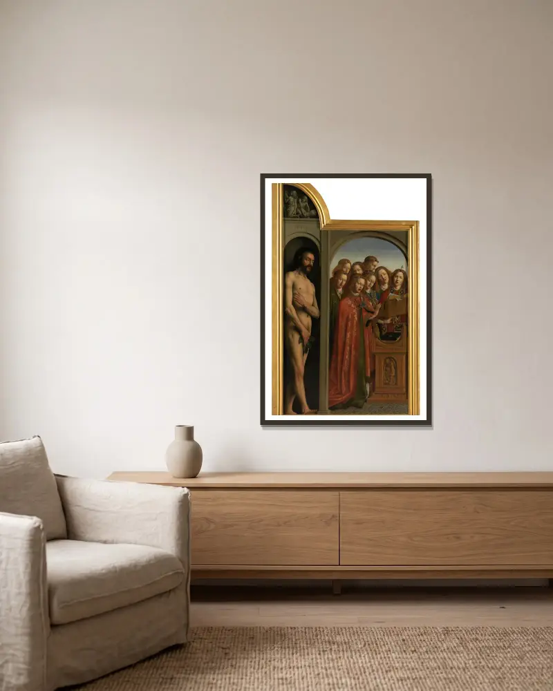 Adam und singende Engel von Jan van Eyck gerahmt an einer Wand