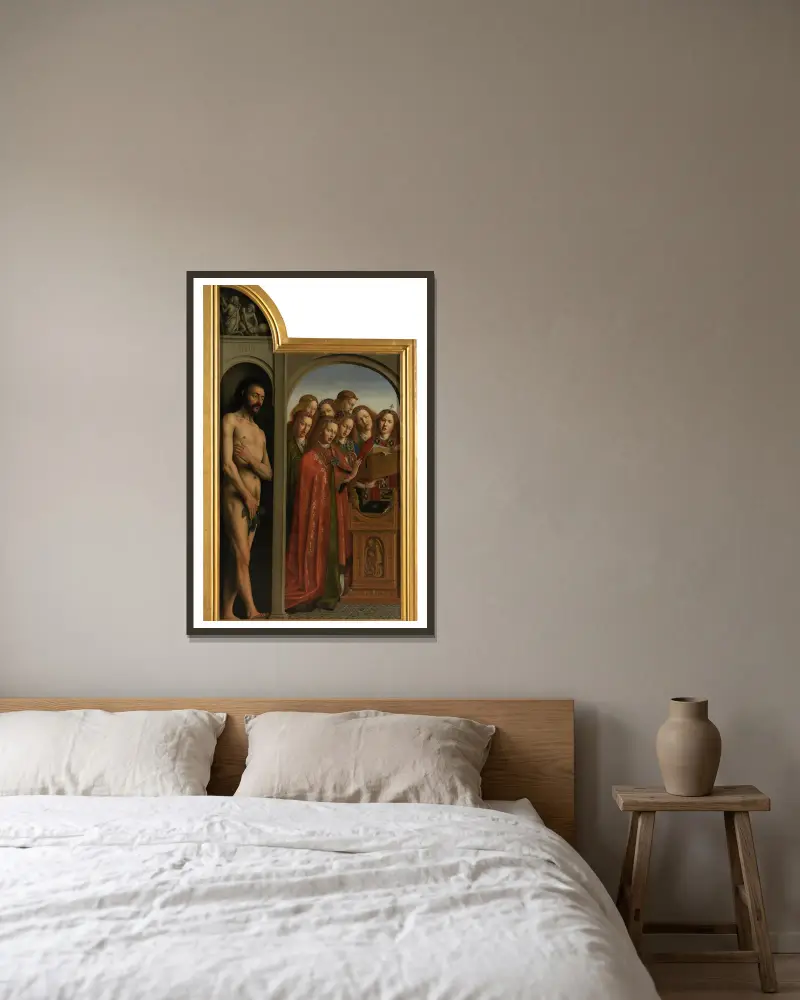 Adam und singende Engel von Jan van Eyck gerahmt an einer Wand