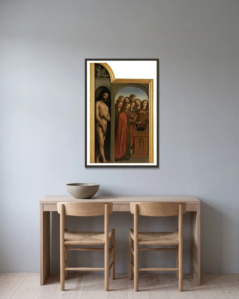 Adam und singende Engel von Jan van Eyck gerahmt an einer Wand