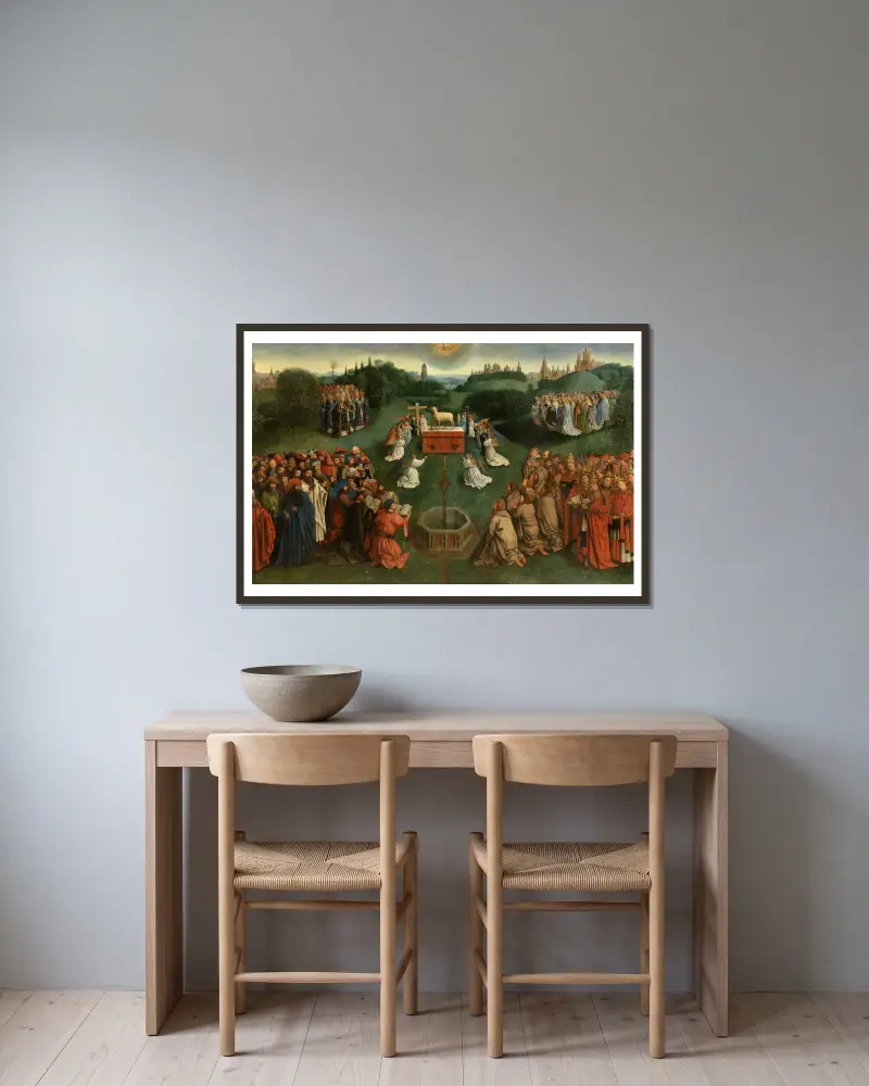Adoration of the Lamb av Jan van Eyck inramad på en vägg