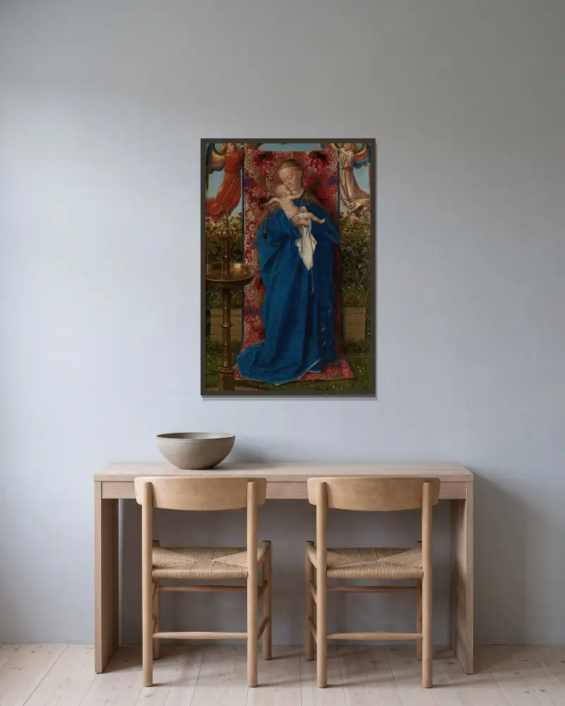 Madonna at the Fountain av Jan van Eyck inramad på en vägg