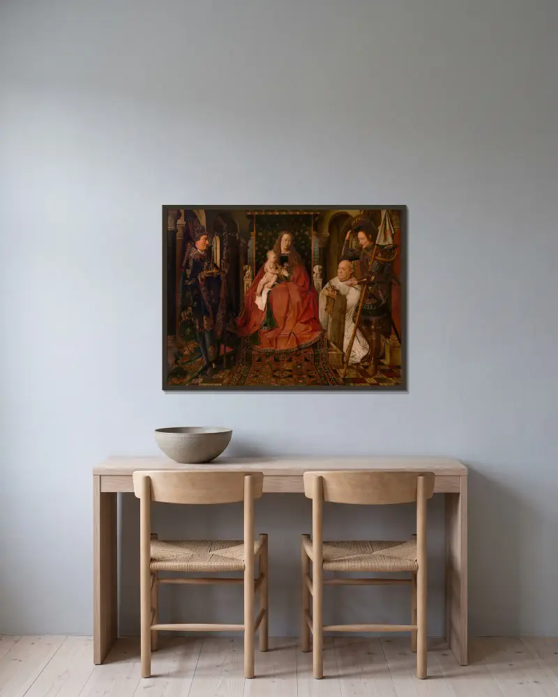 Madonna Surrounded by Saint George, Saint Donatianus of Reims and the Donor Canon Van der Paele av Jan van Eyck inramad på en vägg