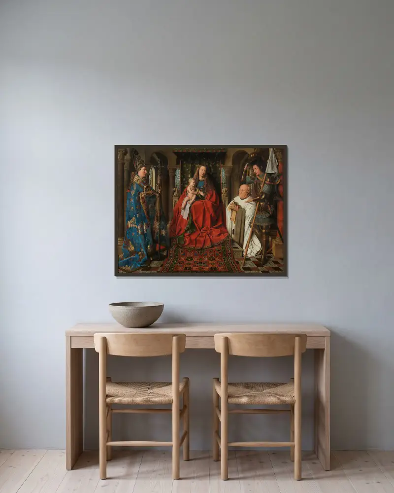 Madonna with Canon Joris van der Paele av Jan van Eyck inramad på en vägg