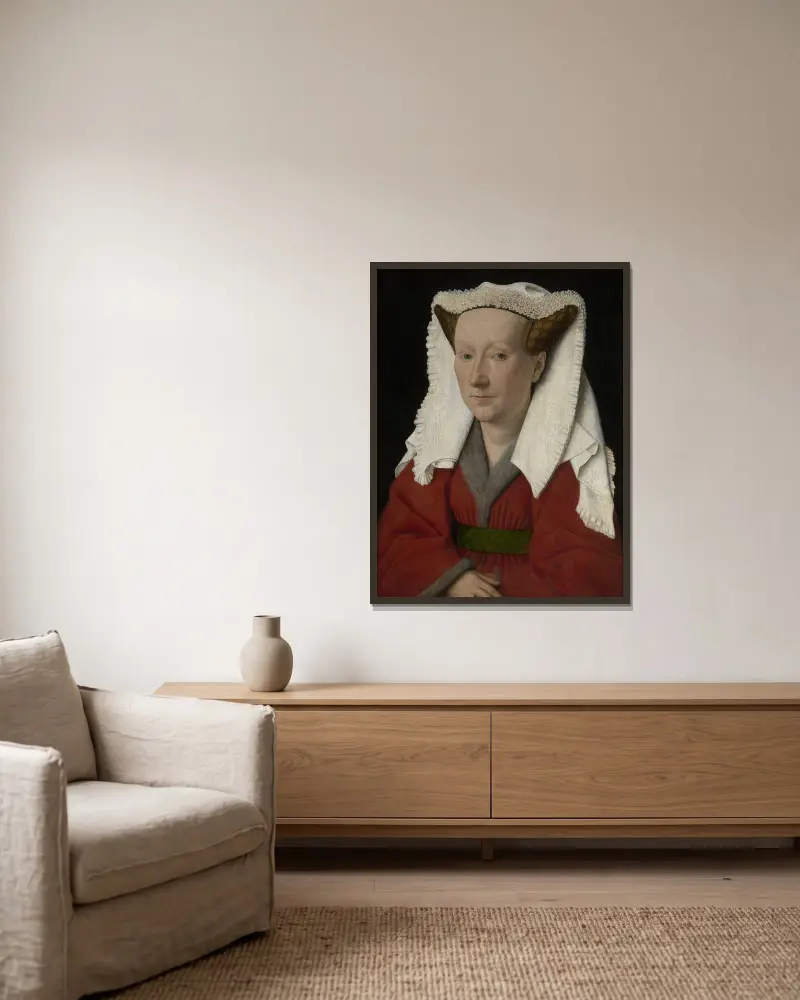Portrait of Margareta van Eyck av Jan van Eyck inramad på en vägg
