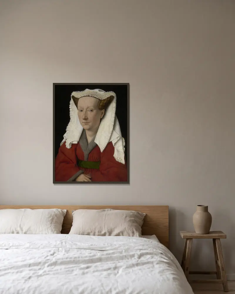 Portrait of Margareta van Eyck av Jan van Eyck inramad på en vägg