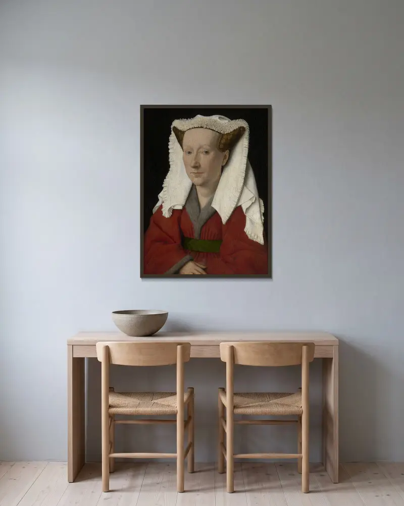 Portrait of Margareta van Eyck av Jan van Eyck inramad på en vägg