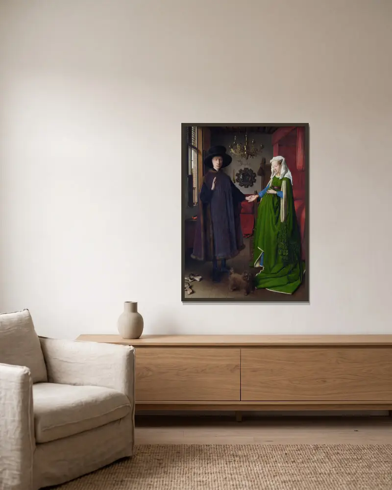 Die Arnolfini-Hochzeit von Jan van Eyck gerahmt an einer Wand