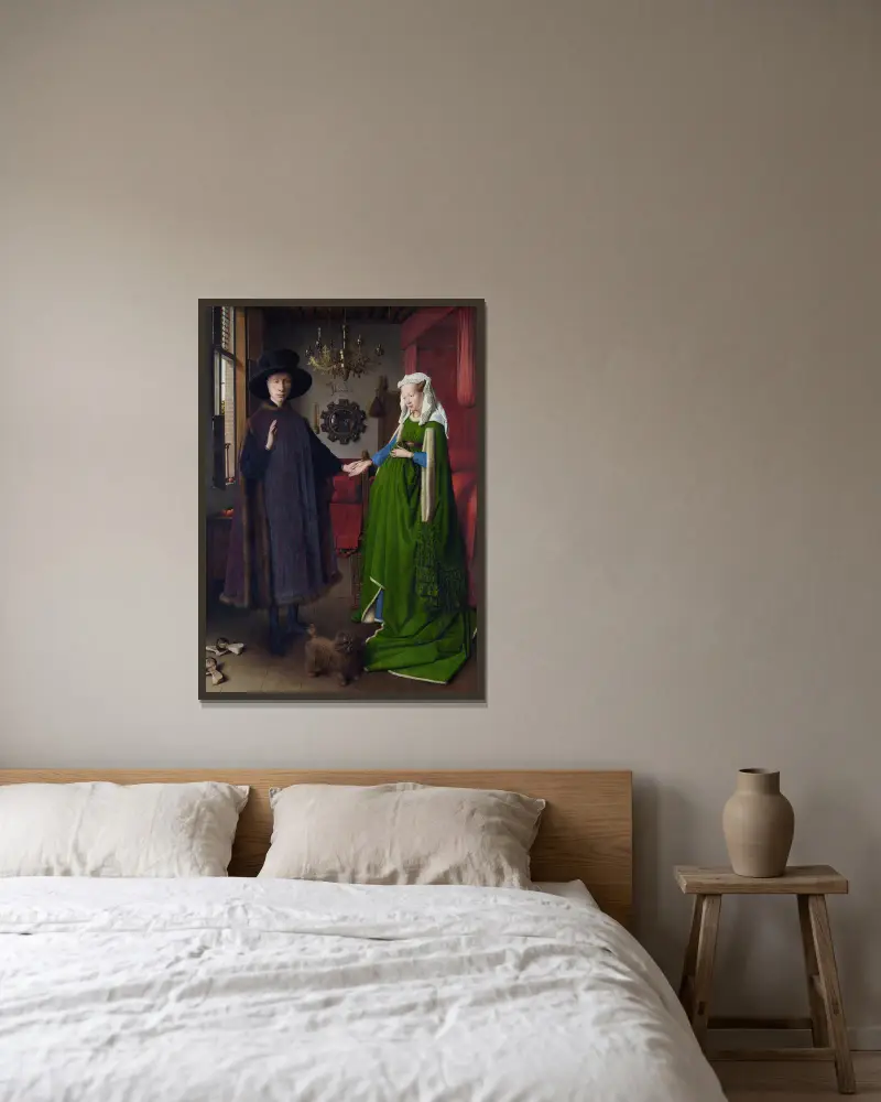 Die Arnolfini-Hochzeit von Jan van Eyck gerahmt an einer Wand