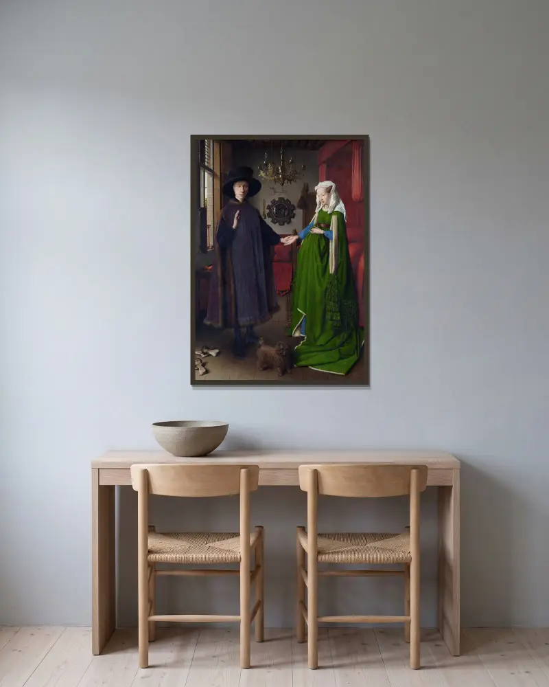 Die Arnolfini-Hochzeit von Jan van Eyck gerahmt an einer Wand