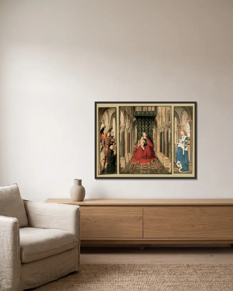 Triptych of Mary and Child, St. Michael, and the Catherine av Jan van Eyck inramad på en vägg
