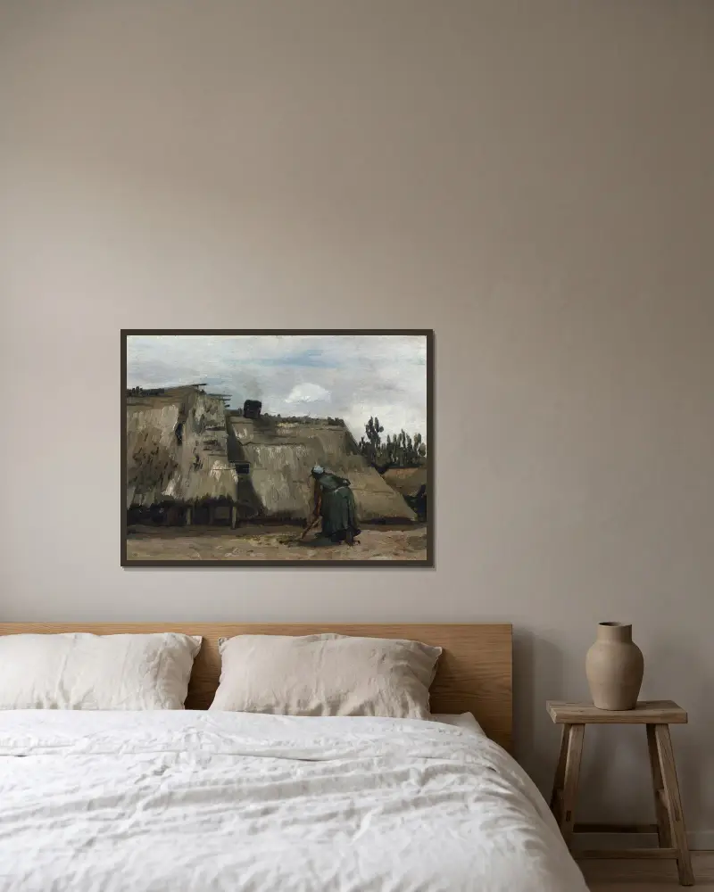 A Peasant Woman Digging in Front of Her Cottage av Vincent van Gogh inramad på en vägg