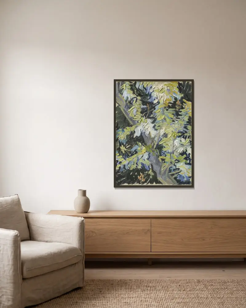 Akazie in Blüte von Vincent van Gogh gerahmt an einer Wand