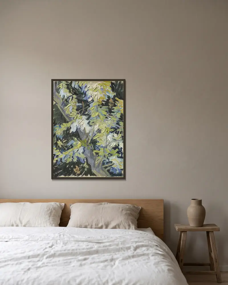 Akazie in Blüte von Vincent van Gogh gerahmt an einer Wand